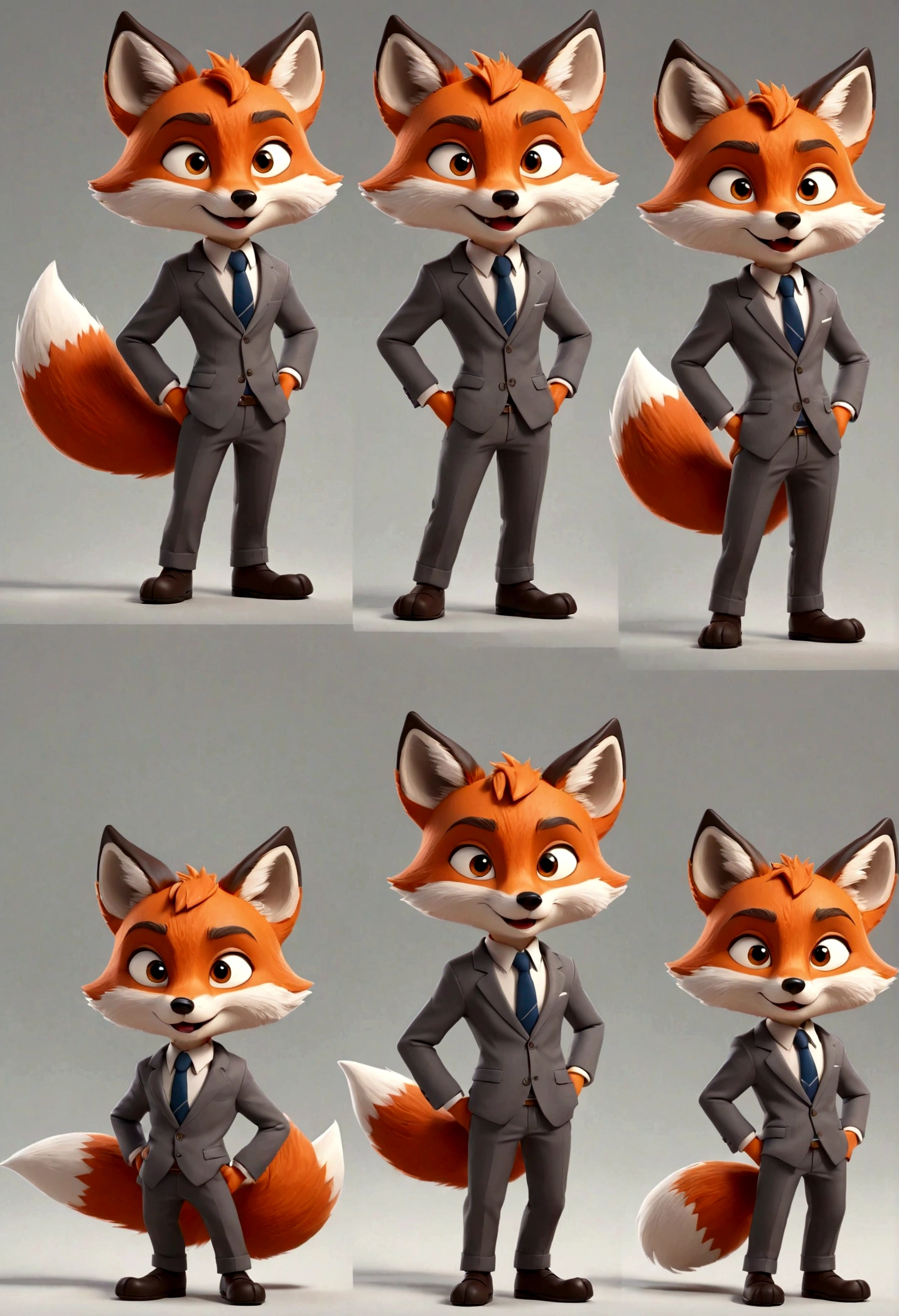 gray boy cartoon fox character, multiple poses and expressions, 4 poses, full body, simple, cute, artist, full color, 3d model, light and shadow, suit clothes, boss, flat color, white background