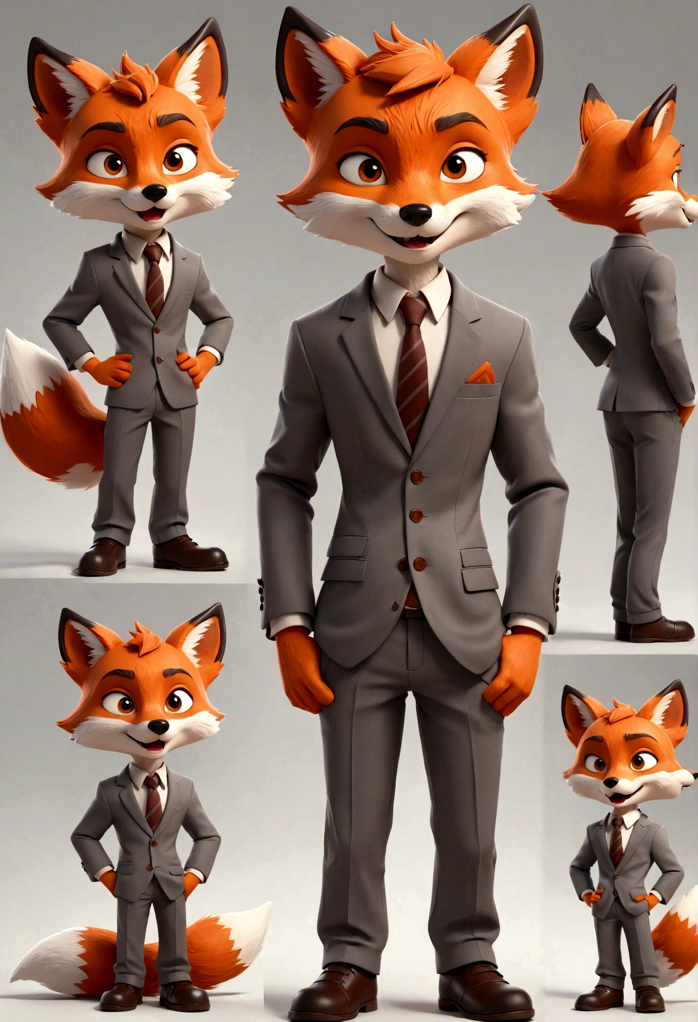 gray boy cartoon fox character, multiple poses and expressions, 4 poses, full body, simple, cute, artist, full color, 3d model, light and shadow, suit clothes, boss, flat color, white background