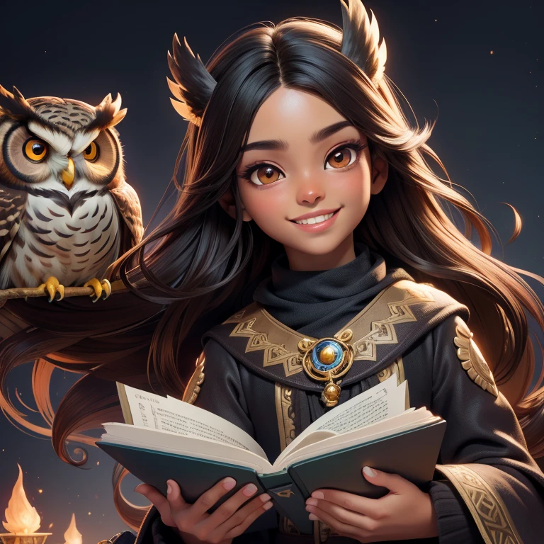 (Highest quality, masterpiece: 1,1), (owl, dark eyes, bright smile), brown skin, long hair, cute boy and girl reading magic book, detailed, 8K