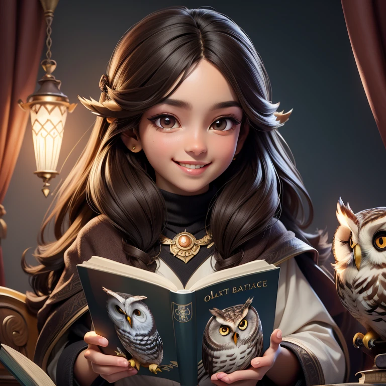(Highest quality, masterpiece: 1,1), (owl, dark eyes, bright smile), brown skin, long hair, cute boy and girl reading magic book, detailed, 8K
