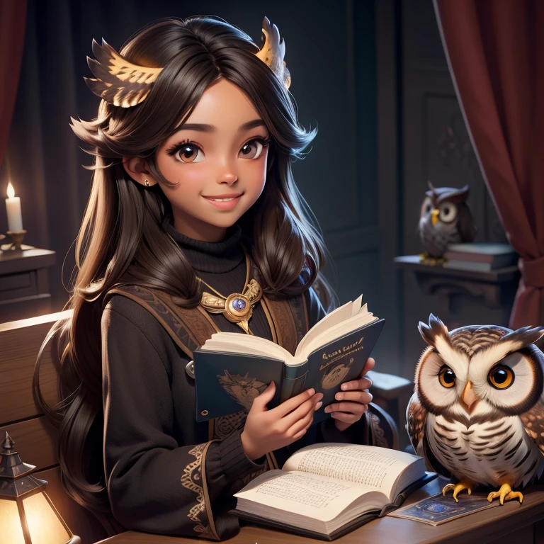 (Highest quality, masterpiece: 1,1), (owl, dark eyes, bright smile), brown skin, long hair, cute boy and girl reading magic book, detailed, 8K