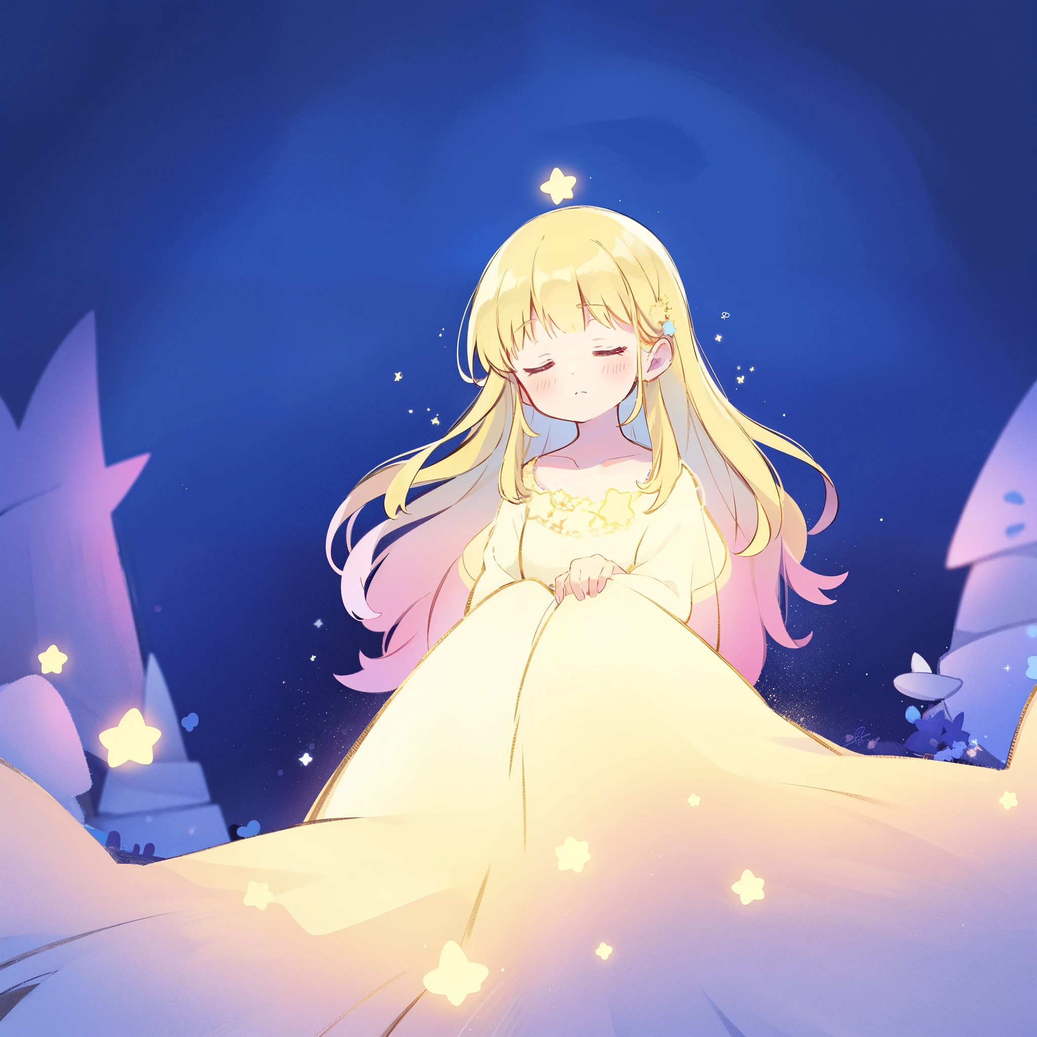 complex background, wishing star background, a woman wearing an ethereal mystical gradient dress that reflects the stars, dreamy, peaceful, serene composition, glowing stars, glowing, complex drawing, highly detailed, ethereal, starry night, midjourney style