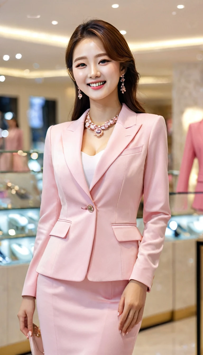Full body of beautiful korean female, 34 inch breasts size, cheerful smile, Height 172 cm,wearing pink suit, and Tight skirt, very short, in a luxury jewelry store,, bokeh background, UHD