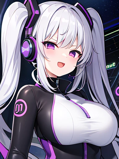 Very detailed、masterpiece、high quality、one high school girl、、、(Black and white spacesuit、accent)、Front zipper、(Futuristic, Tight-fitting bodysuit)、headphone、Cyberpunk space station interior background、(Colorful purple hair),ロングTwin tails, (Pink Eyes), change,Twin tails,sassy change,cheey change,mesugaki,girl,天才girl、(Large Breasts):1.0,(blush):1.1、Hello、