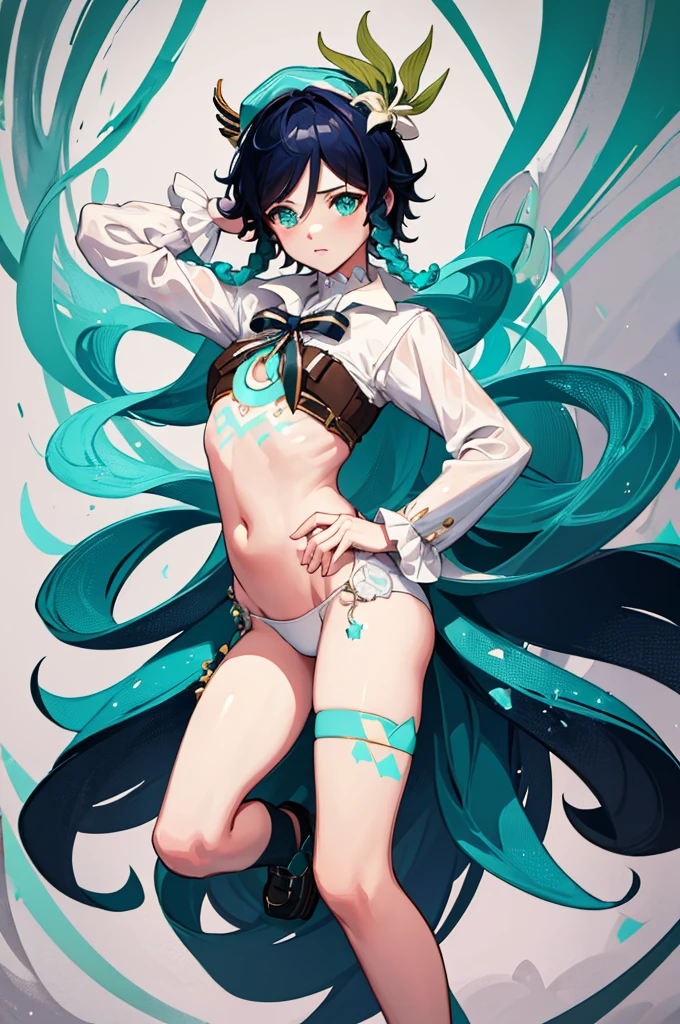 Venti, girl, wearing women's clothes, panties, thigh thrusting, full body, sexy, sexy pose, small tits, ta