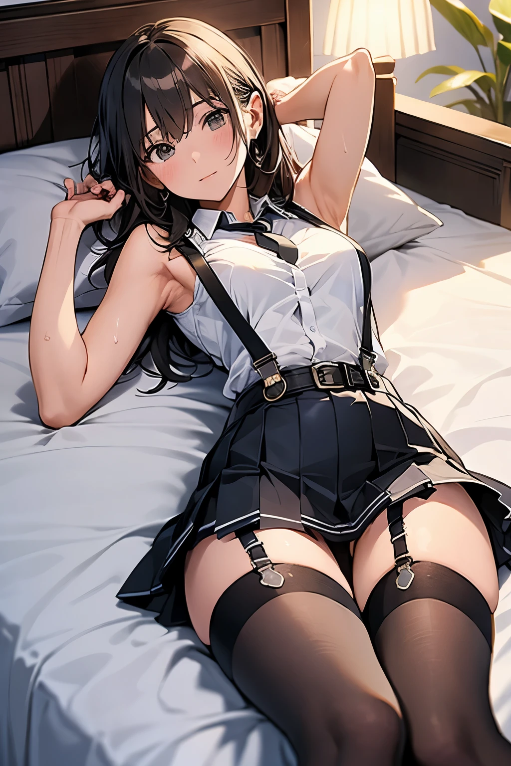 Staring at the audience　　　Black suspenders　　　bulging big breasts　　 　 　　　wall 　mini skirt　garterbelt　garter　　　　　　sight　　　Small face　 　　　holster　　　Beautiful woman　　Show your hand　　 Lying in bed　　sight 　　Taunt　side　side汗 　arm　　belt　summer　Armpit sweat
