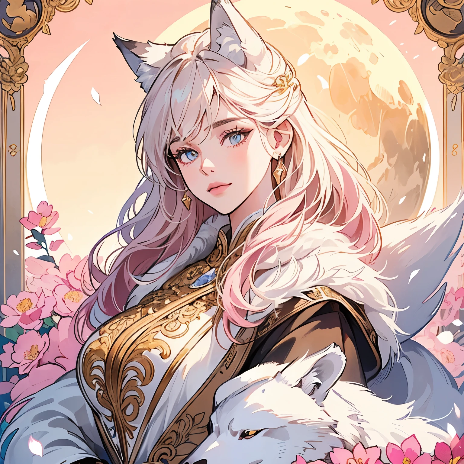 Best quality, 1 wolf, logo, background white only, emblem, 14k, intricate and detailed, frame, (((1 woman and wolf))), detailed fur, sparkling eyes, corporate logo, golden, panoramic, long shot, front, pink flowers, Upper body, looking at viewer, beautiful goddess, Very detailed hair, MOON, Pale Lighting, Top Quality