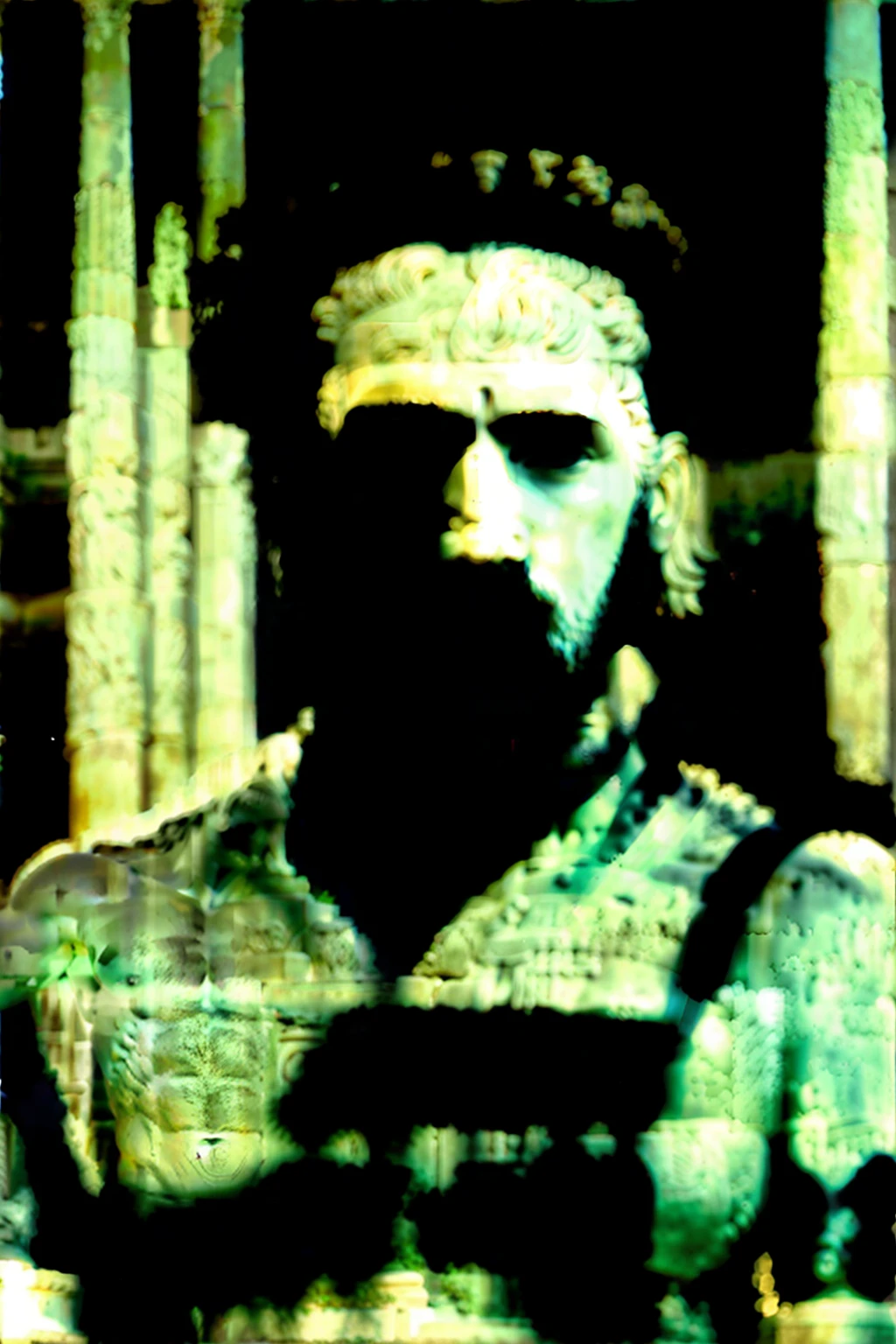A dark landscape image of an ancient greek society deeply connected to stoicism, black and white, ancient greek architecture, include one single big statue of a stereotypical strong greek man, marcus aurelius --ar 16:9 