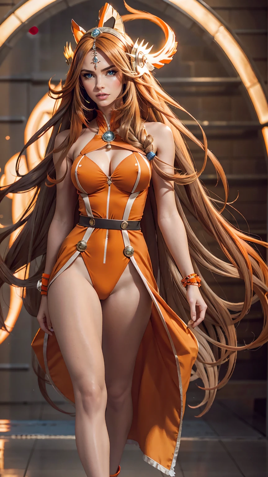 (masterpiece), highest quality, Super detailed, figure, Warm lighting, Bright colors, One girl, alone, Very long hair, Grey Hair, Orange Hair, Orange inner hair, Red eyes, Inner hair color, Two-tone hair, Ahoge, Ridiculously long hair, orange Inner hair color, Multicolored Hair, Hello, , , Bodysuits, Flowing hair, Wind, Close one eye, staff, dress, armor, headgear, floating,, ,