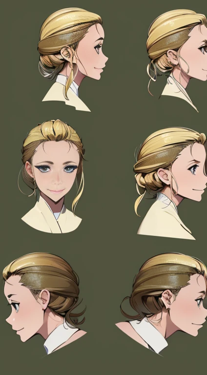 (masterpiece, 8k, highest quality, Very detailed, One mature woman), (Consistent personality, same characters), (Blonde Hair, blue eyes), (Very detailed顔と肌の質感, fine grain), smile, Slender figure,Small breasts,Maid clothes, White Background, Exposing shoulders, 魅惑的なsmile, (Multiple Views, Multiple Angles), Side view, Front view, look up, Looking down, Rear View, 20-degree head view