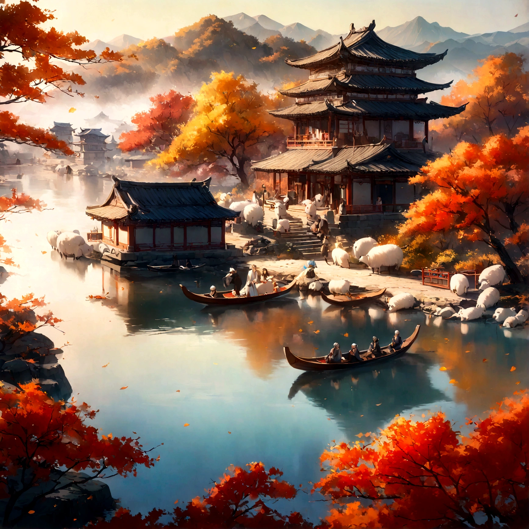 best quality,4k,8K,High resolution,masterpiece:1.2,Extremely detailed,(Practical,photoPractical,photo-Practical:1.37),Traditional Chinese style,beautiful,dragon boat race,tranquil background,landscape,Mist Mountains,Cherry tree,The gurgling river,Five sheep sculpture,Ancient buildings,delicate brushstrokes,Rich colors,Golden autumn leaves,Peaceful atmosphere,Cultural Heritage,Soft lighting,Reflections on the water,Poetic and elegant composition,artistic depiction,Beautiful movements,Traditional Musical Instruments,A fusion of tradition and nature