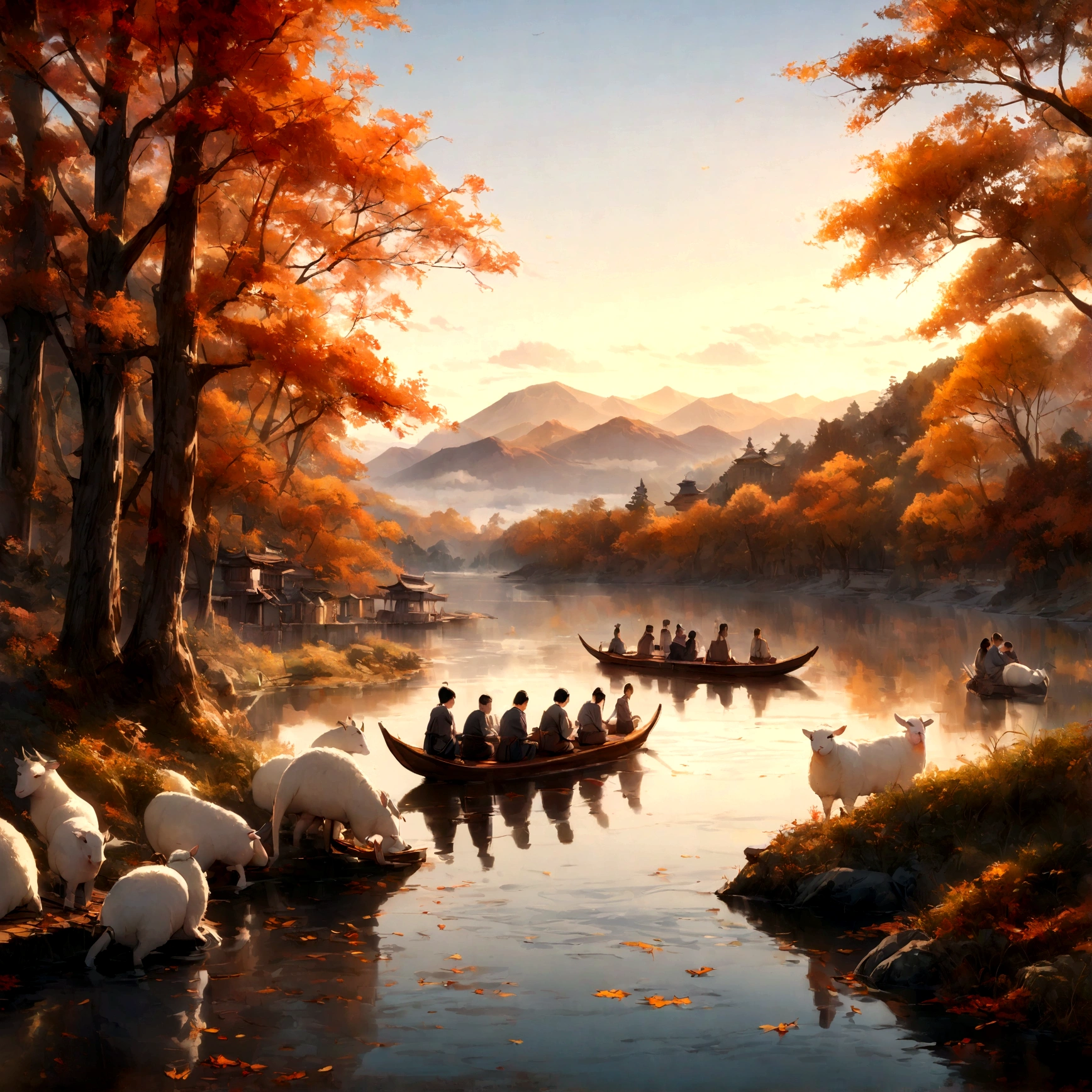 best quality,4k,8K,High resolution,masterpiece:1.2,Extremely detailed,(Practical,photoPractical,photo-Practical:1.37),Traditional Chinese style,beautiful,dragon boat race,tranquil background,landscape,Mist Mountains,Cherry tree,The gurgling river,Five sheep sculpture,Ancient buildings,delicate brushstrokes,Rich colors,Golden autumn leaves,Peaceful atmosphere,Cultural Heritage,Soft lighting,Reflections on the water,Poetic and elegant composition,artistic depiction,Beautiful movements,Traditional Musical Instruments,A fusion of tradition and nature