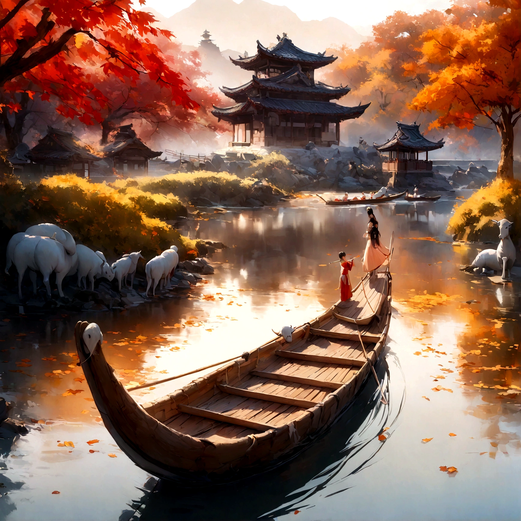 best quality,4k,8K,High resolution,masterpiece:1.2,Extremely detailed,(Practical,photoPractical,photo-Practical:1.37),Traditional Chinese style,beautiful,dragon boat race,tranquil background,landscape,Mist Mountains,Cherry tree,The gurgling river,Five sheep sculpture,Ancient buildings,delicate brushstrokes,Rich colors,Golden autumn leaves,Peaceful atmosphere,Cultural Heritage,Soft lighting,Reflections on the water,Poetic and elegant composition,artistic depiction,Beautiful movements,Traditional Musical Instruments,A fusion of tradition and nature