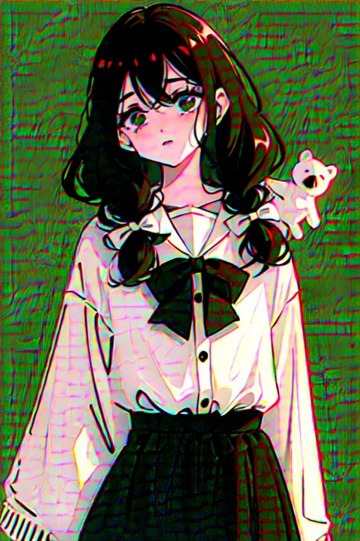 (obra maestra, mejor calidad, 1 scared and worried girl with a small white bear with a green bow in her curls, linda chompa tipo poncho negro, pelo mediano y negro, ojos rojos y tranquilos, session, terrifying black background, noche, bosque oscuro