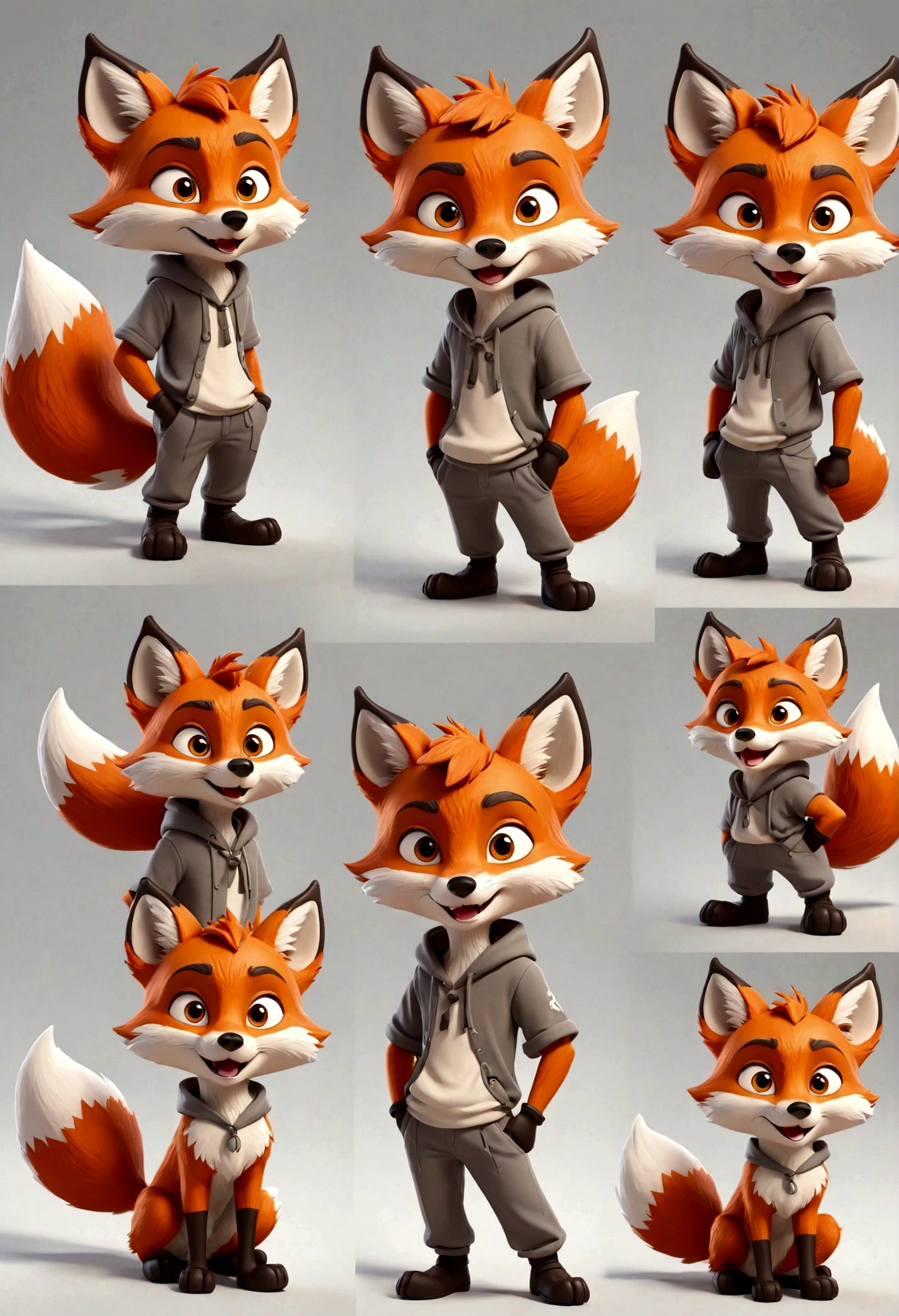 gray boy cartoon fox character, fox, multiple poses and expressions, 4 poses, full body, simple, cute, artist, full color, 3d model, light and shadow, flat color, white background,many fashion styles