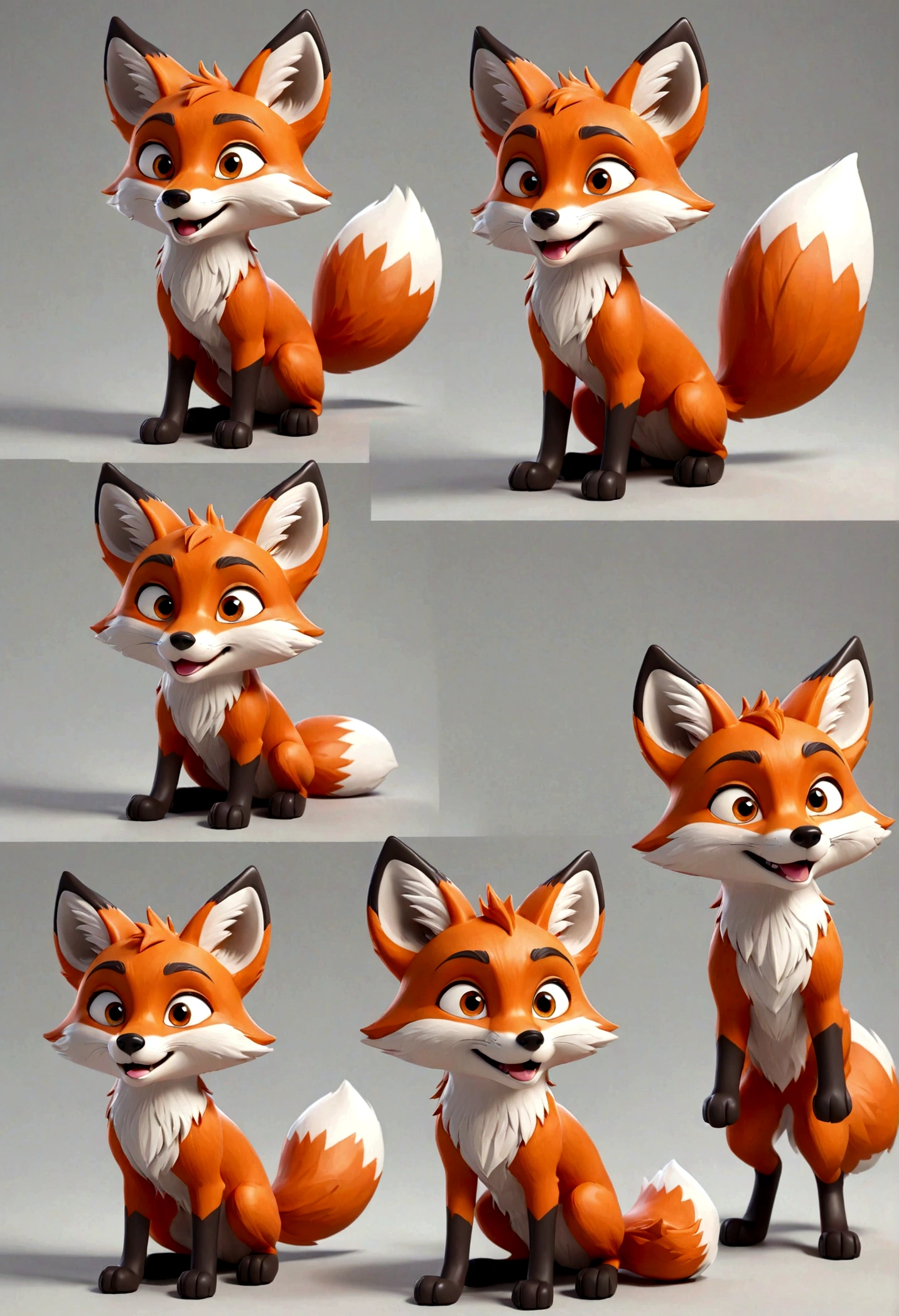gray boy cartoon fox character, fox, multiple poses and expressions, 4 poses, full body, simple, cute, artist, full color, 3d model, light and shadow, flat color, white background,many fashion styles