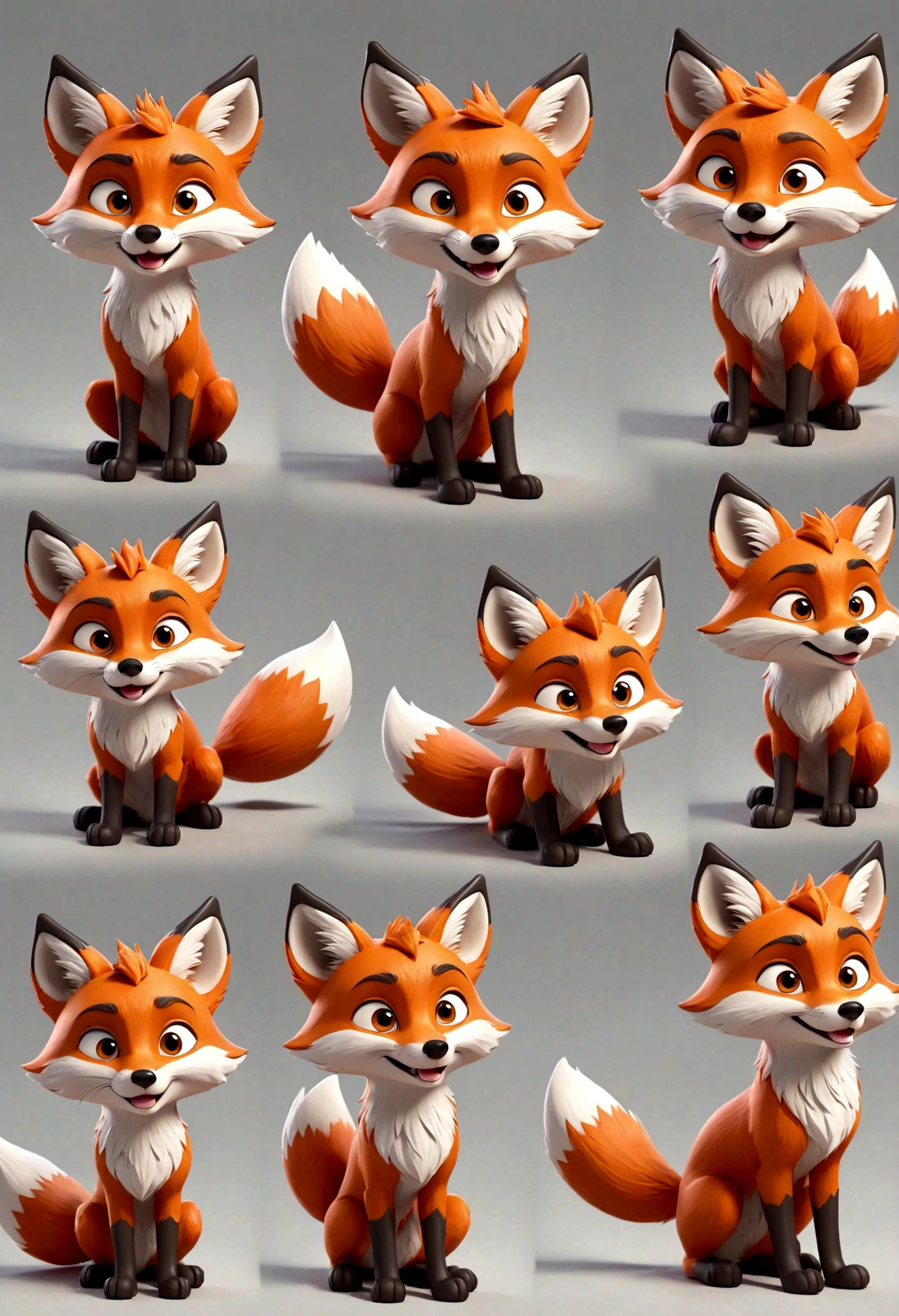 gray boy cartoon fox character, fox, multiple poses and expressions, 4 poses, full body, simple, cute, artist, full color, 3d model, light and shadow, flat color, white background,many fashion styles