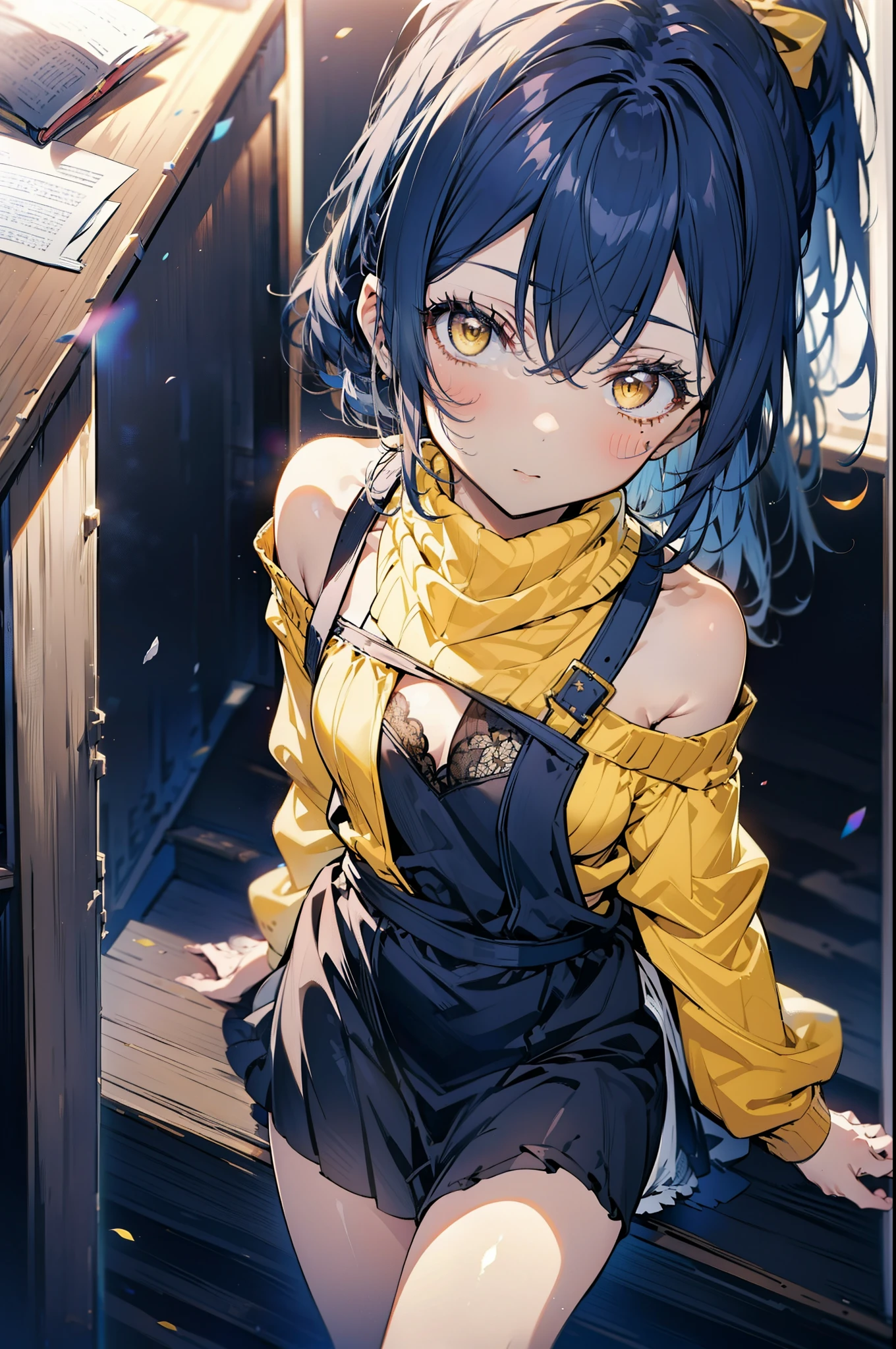 Kamisonoda, Umi Sonoda, Long Hair, ponytail,Blue Hair, (Yellow Eyes:1.5) (Flat Chest:1.2),One-shoulder sweater,Long skirt,apron,Hair tie on mouth, Put your arms behind your head,whole bodyがイラストに入るように,
break looking at viewer,whole body,
break indoors,room,
break (masterpiece:1.2), highest quality, High resolution, unity 8k wallpaper, (figure:0.8), (Beautiful fine details:1.6), Highly detailed face, Perfect lighting, Highly detailed CG, (Perfect hands, Perfect Anatomy),