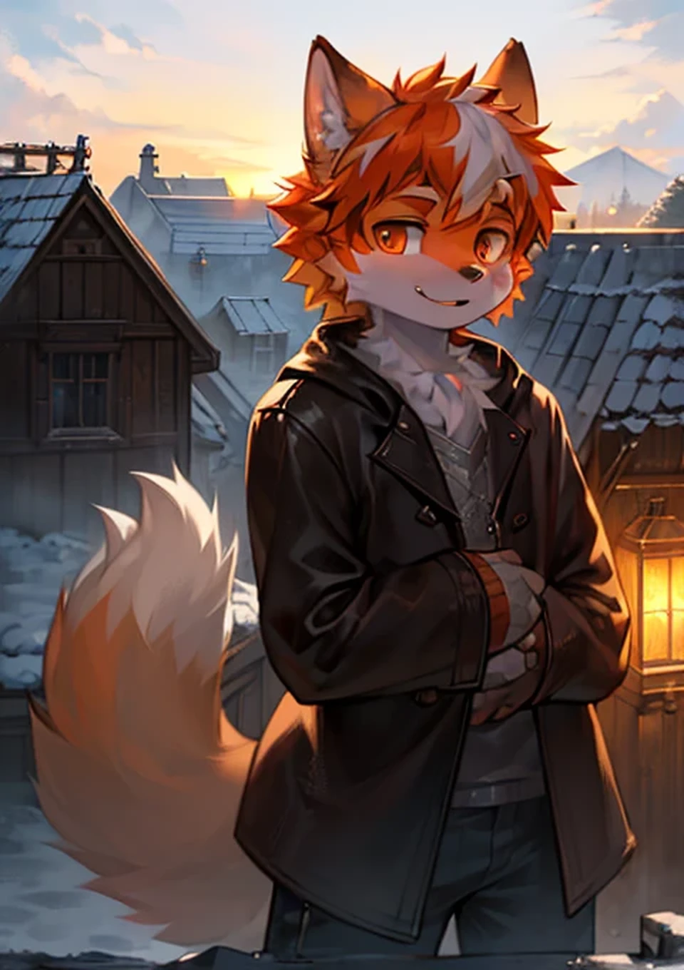 a young male werewolf with white fur and orange highlights, standing on a rooftop, looking at the viewer, 4k, best quality, ultra-detailed, realistic, photorealistic, physically-based rendering, HDR, vivid colors, warm lighting, intricate details, cute, adorable