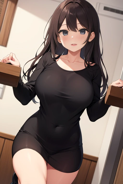 Mom's Masterpiece, devicetic, device, 18+, Browsing Caution,Maid clothes, Long light brown hair , Brown sparkling eyes , Embarrassing , Blushing (highest quality:1.3),Big Breasts, naked, apron, Cleavage, (throw, Close-up shot), Are standing, Kitchen Background, Blushing:1.2.