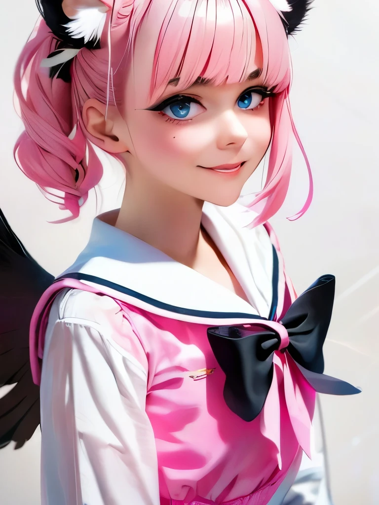 skistyle, 1girl, solo, pink hair, animal ears, blue eyes, wings, looking at viewer, mole, bangs, short hair, bow, sailor collar, simple background, white sailor collar, mole under mouth, hair bow, pink bow, closed mouth, shirt, white shirt, bear ears, bob cut, mini wings, grey background, portrait, detached wings, makeup, upper body, white background