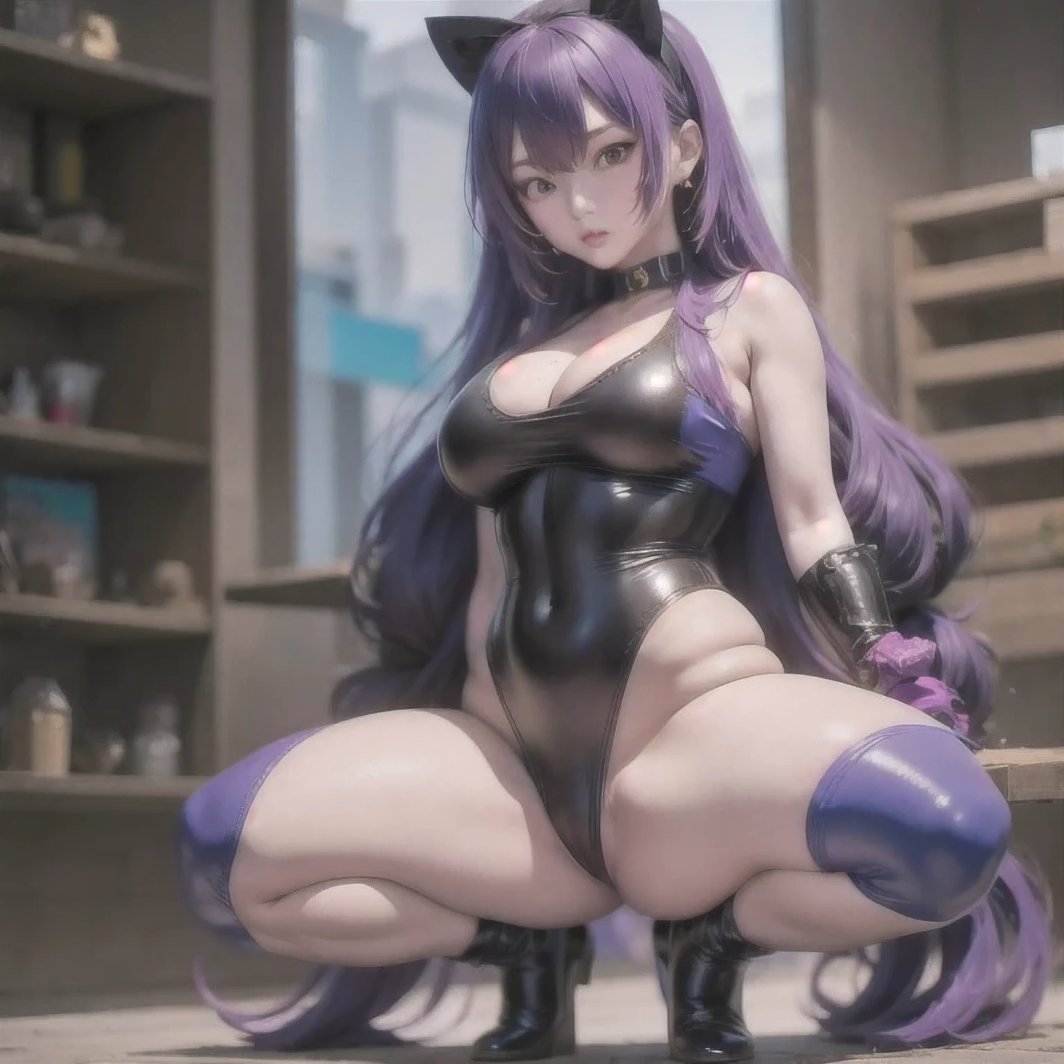 araffe with purple hair and black gloves posing in a blue outfit, anime girl cosplay, thicc, the anime girl is crouching, misato katsuragi, anime cosplay, cosplay, mayuri shiina, seductive anime girl, tifa, cosplay photo, beautiful anime girl squatting, closeup shot, ayaka cosplay, full-cosplay, purple body