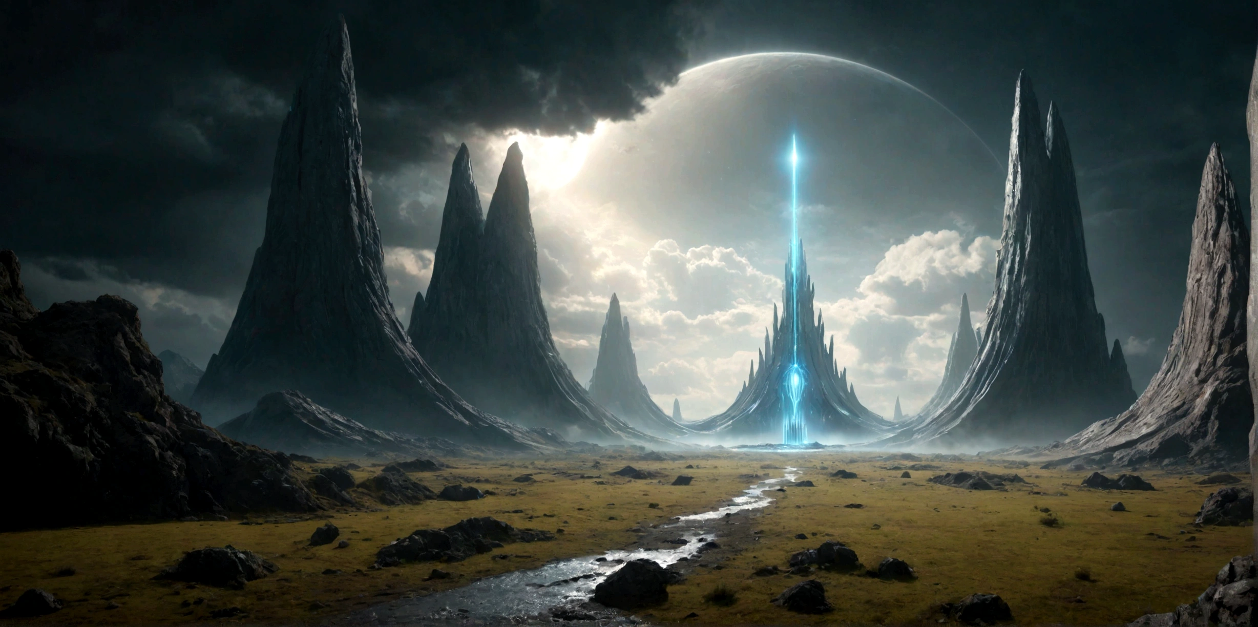 (EN UN VALLE PROFUNDO ROCOSO) ((A STILL ACTIVE MINIMALIST TWO-DIMENSIONAL AND BI-TEMPORAL PORTAL OF AN ALIEN TEMPLE), SUPER HIGH DEFINITION IMAGE WITH HYPER REALISM , very cold, PLANETA SECO Y CONGELADO, hyper realistic in 4K, cinematic lighting. little vegetation on alien planet other than Earth, cloudy stormy and cold weather, el sol se oculta
