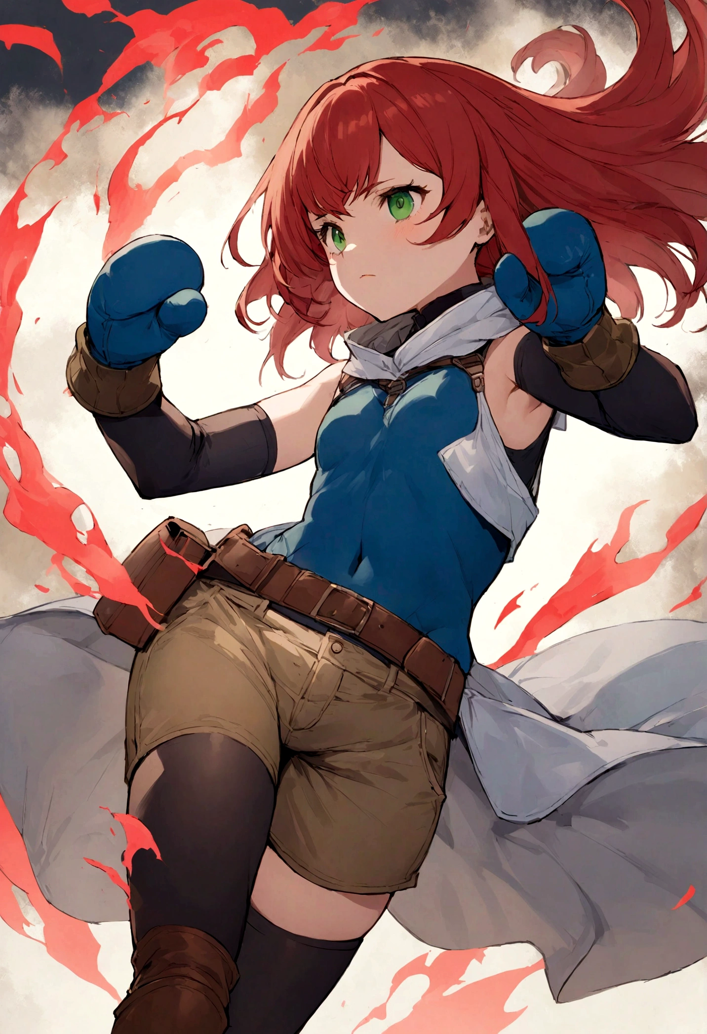 Young 16 year old heroine with long wavy red hair. She has big green eyes and a serious and charismatic demeanor. She wears a short dark blue bodysuit, she has no sleeves and her navel is visible. She wears brown shorts as well as brown boots and mittens. A long open white skirt hangs behind her shorts with a belt and it has lots of pockets. White nunshaku hang from her thighs in sheaths. She produces balls of bluish energy with her hands because she has shielding power.