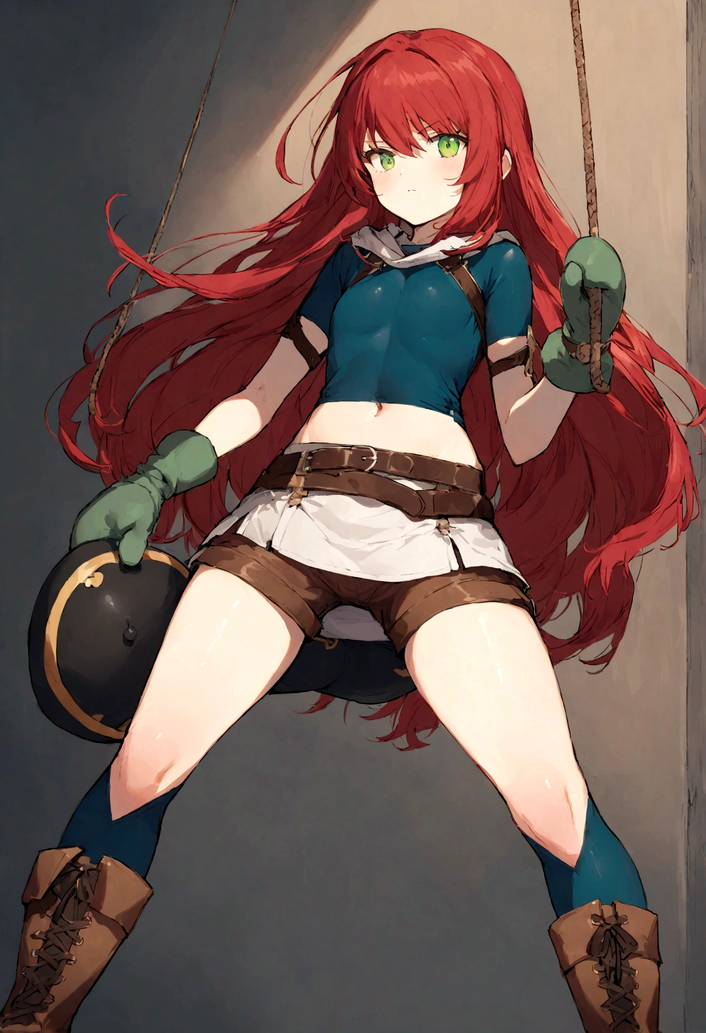 Young 16 year old heroine with long wavy red hair. She has big green eyes and a serious and charismatic demeanor. She wears a short dark blue bodysuit, she has no sleeves and her navel is visible. She wears brown shorts as well as brown boots and mittens. A long open white skirt hangs behind her shorts with a belt and it has lots of pockets. White nunshaku hang from her thighs in sheaths. She produces balls of bluish energy with her hands because she has shielding power.