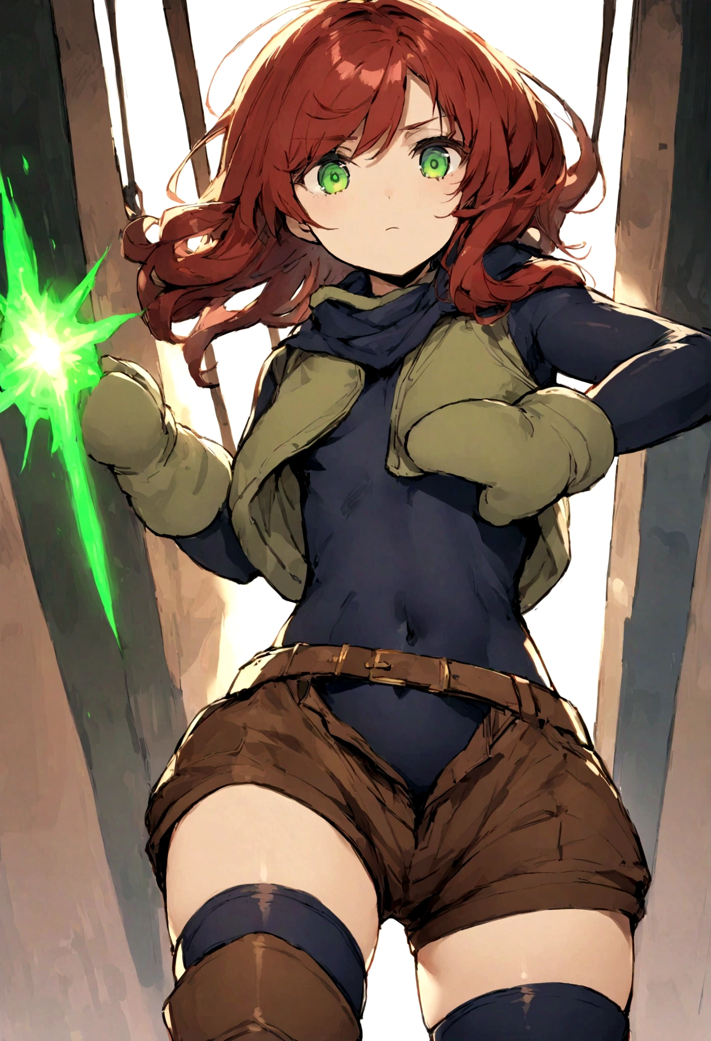 Young 16 year old heroine with long wavy red hair. She has big green eyes and a serious and charismatic demeanor. She wears a short dark blue bodysuit, she has no sleeves and her navel is visible. She wears brown shorts as well as brown boots and mittens. A long open white skirt hangs behind her shorts with a belt and it has lots of pockets. White nunshaku hang from her thighs in sheaths. She produces balls of bluish energy with her hands because she has shielding power.