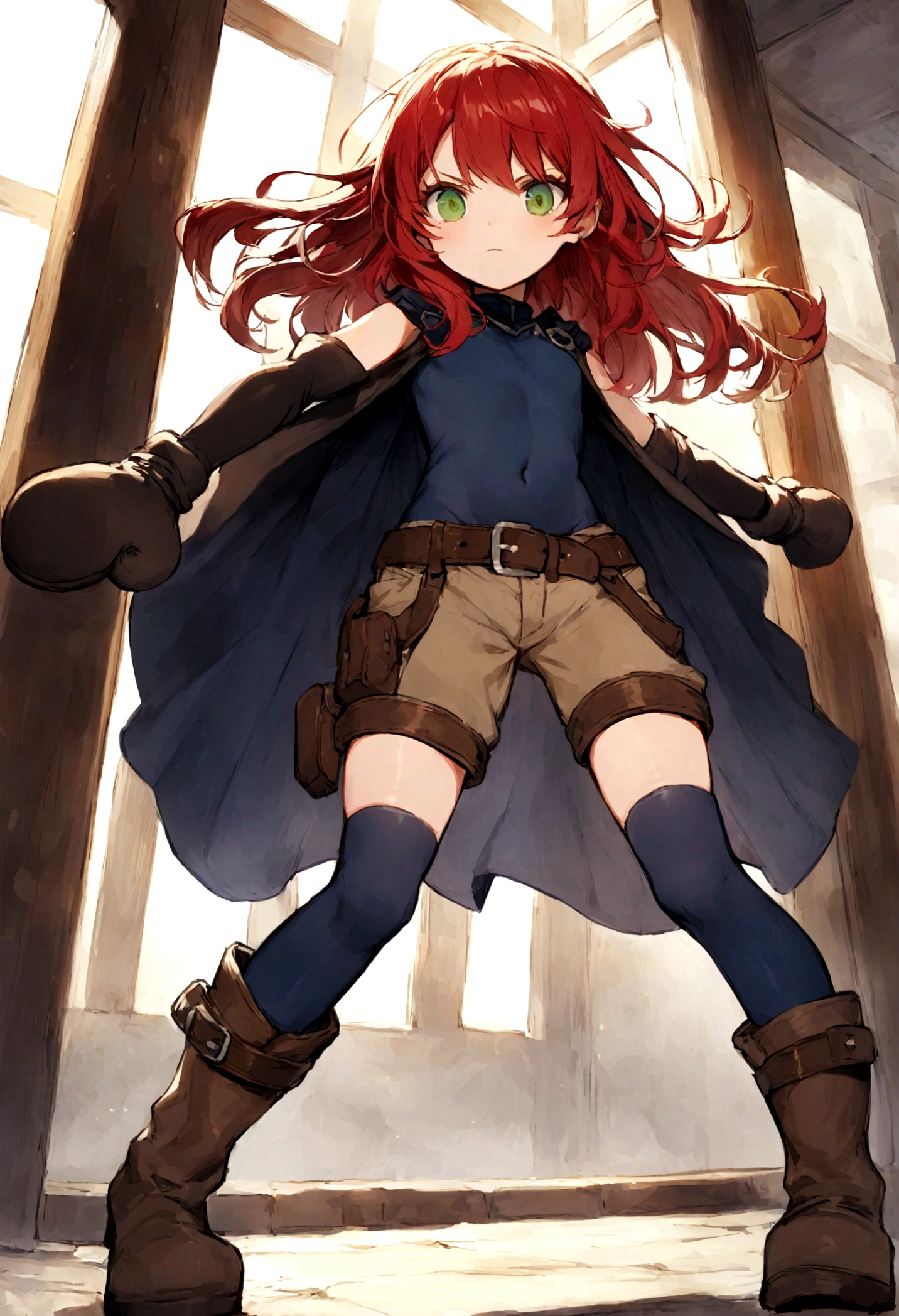 Young 16 year old heroine with long wavy red hair. She has big green eyes and a serious and charismatic demeanor. She wears a short dark blue bodysuit, she has no sleeves and her navel is visible. She wears brown shorts as well as brown boots and mittens. A long open white skirt hangs behind her shorts with a belt and it has lots of pockets. White nunshaku hang from her thighs in sheaths. She produces balls of bluish energy with her hands because she has shielding power.