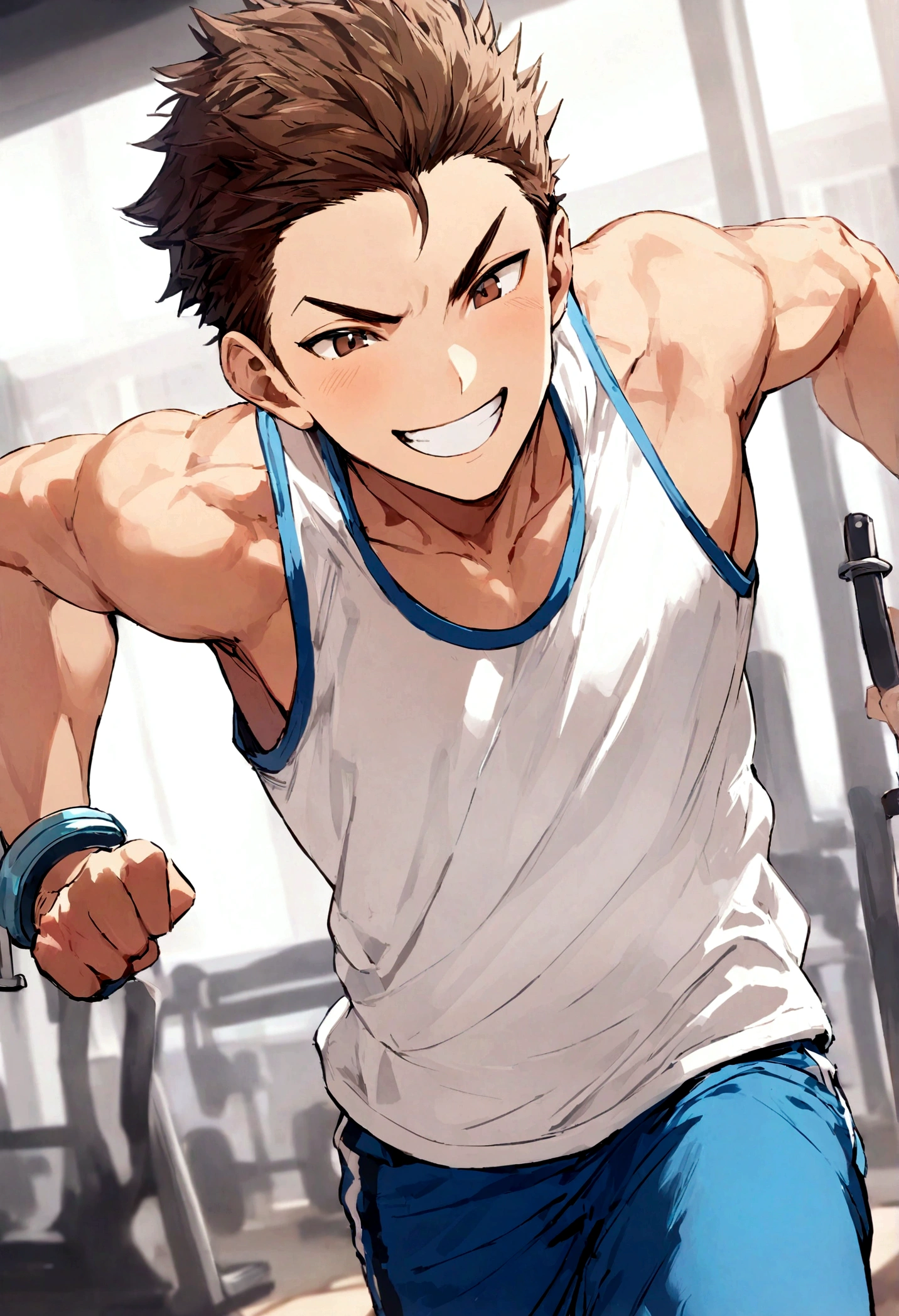 Anime boy in tank top and shorts and tennis racket, muscular!!, muscular!, handsome,clean detailed anime style, sweaty, 