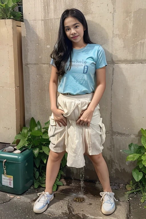 A teen girl with Indonesia face, approximately 16 years old. The girl can be seen in the process of peeing. Standing. Wet patch. Incontinence (urination:1.5) (peeing in skirt) (facw view to camera), scared expression.