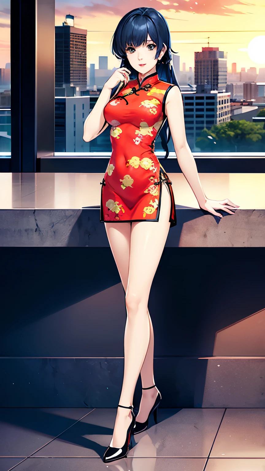 LynnMinmay, 1girl, solo, black hair, print_cheongsam, standing, city, high heels, ultra-detailed, best quality, masterpiece, illustration, game cg