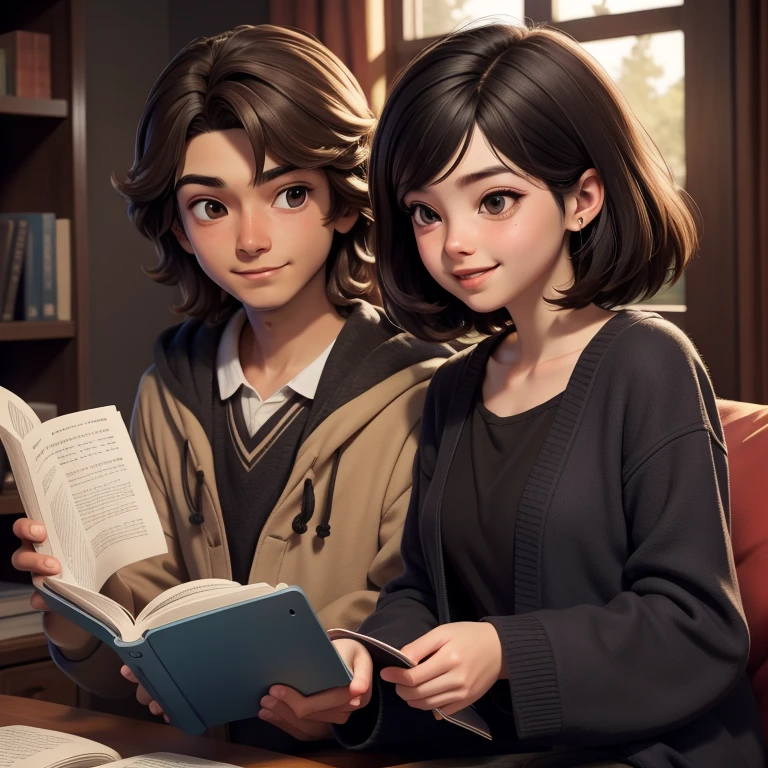 (Highest quality, masterpiece: 1,1), (owl, black eyes, bright smile), brown skin, short-haired boy with cute long-haired girl reading magic book, detail, 8K