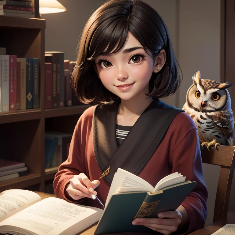 (Highest quality, masterpiece: 1,1), (owl, black eyes, bright smile), brown skin, short-haired boy with cute long-haired girl reading magic book, detail, 8K