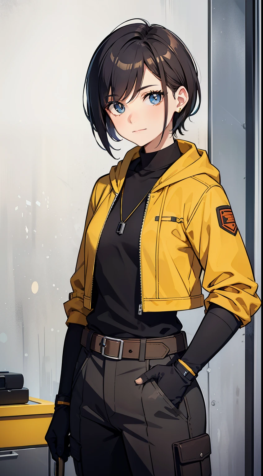 (high-quality, breathtaking),(expressive eyes, perfect face) Symmetrical Eyes, portrait, Star Wars Universe, 1girl, female, adult, mechanic, punk yellow jacket, shirt, short sleeved, gloves, pants, belt, wrench, crystals, messy hair, black hair color, brown eye color, short hair length, stylized hairstyle, pixie haircut, tall, technician outfit, engineer, sci fi workshop background, work bench, tools, mature, narrow eyes, dog tag necklaces, soft smile, age 25