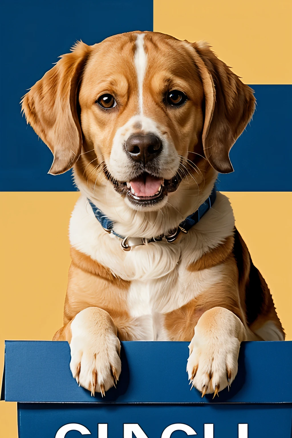 Create an image of a cheerful dog with light brown and white fur, resembling a Beagle, facing the camera with its mouth open in a happy expression. The background should be predominantly white with yellow splashes and paw prints scattered playfully around. Replace the text "Grooming & Pet Shop" with "Mis Huellas UGB" in bold, dark blue font. The word "Mis Huellas" should be larger and more prominent, while "UGB" should be inside a dark blue box, matching the style of the original image. Ensure the design remains bright, friendly, and inviting.