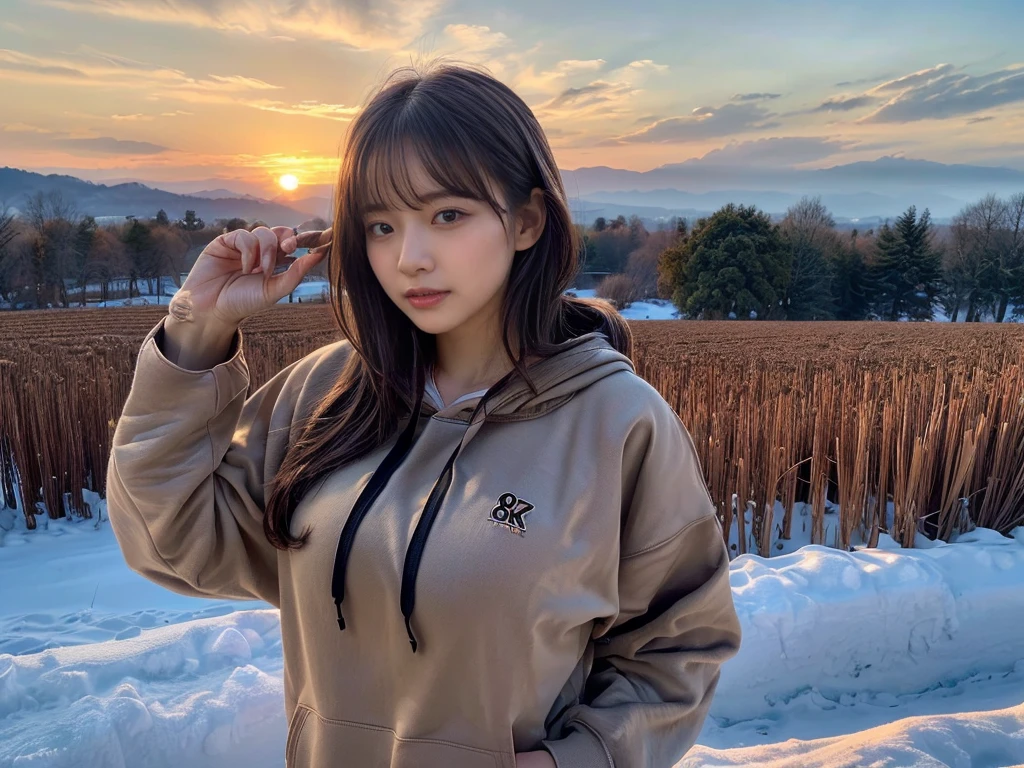 ((top-quality、8K、​masterpiece:1.3))、1girl in、Beautiful woman standing on snowy mountain:1.3、(brown long-haired、Colossal tits:1.4)、(Big Silhouette M51 Field Hoodie:1.5)、Super delicate face、Delicat eyes、double eyelid、Close-up of upper body from below、Sunset、(2girls)