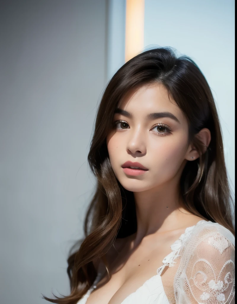 mejor calidad, enfoque facial, luz tenue, ultra high resolution, (Fotorrealista:1.4), foto cruda,
1 chica japonesa, solo, lindo, (alumno, luces en los ojos),  cara hermosa detallada, (small chest),(High resolution detail of human skin texture.),
(pelo largo),
interior,
Vestido camisero damasco,
(retrato)