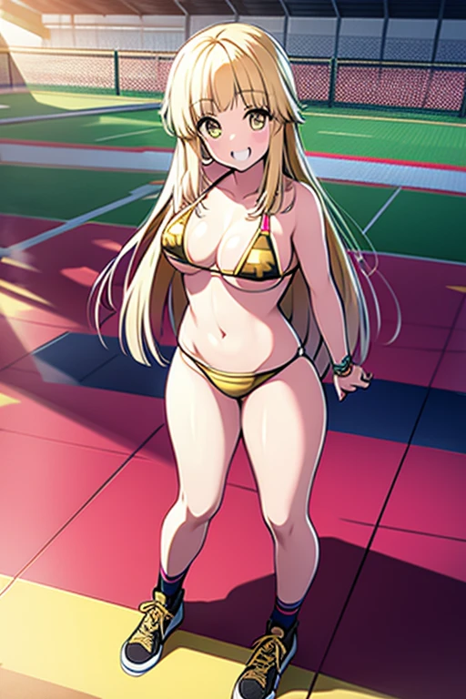 Kokoro Tsurumaki、smile,, [Open your mouth]、(Golden wrestling shoes)、（(Gold Micro Bikini)）、The floor is a wrestling mat、Smile、Cheerful daughter、Look forward、standing、Stand before you、Full Body View