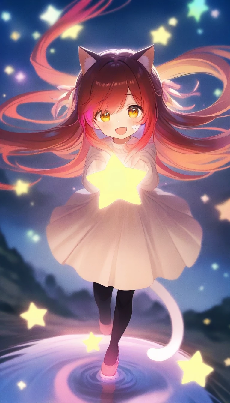 (glowing luminous cat tail, cat ears), cinematic lighting, mirage, 1 girl, very long hair, multicolored hair, luminous red hair tips, cat tail, yellow eyes, glitter hair, a bright light blue star on the left cheek, hair ribbon, very long hair, very happy, cute, pantyhose, ((1girl, solo), cheerful, dynamic angle, outdoors, reflection, hair over eyes,
