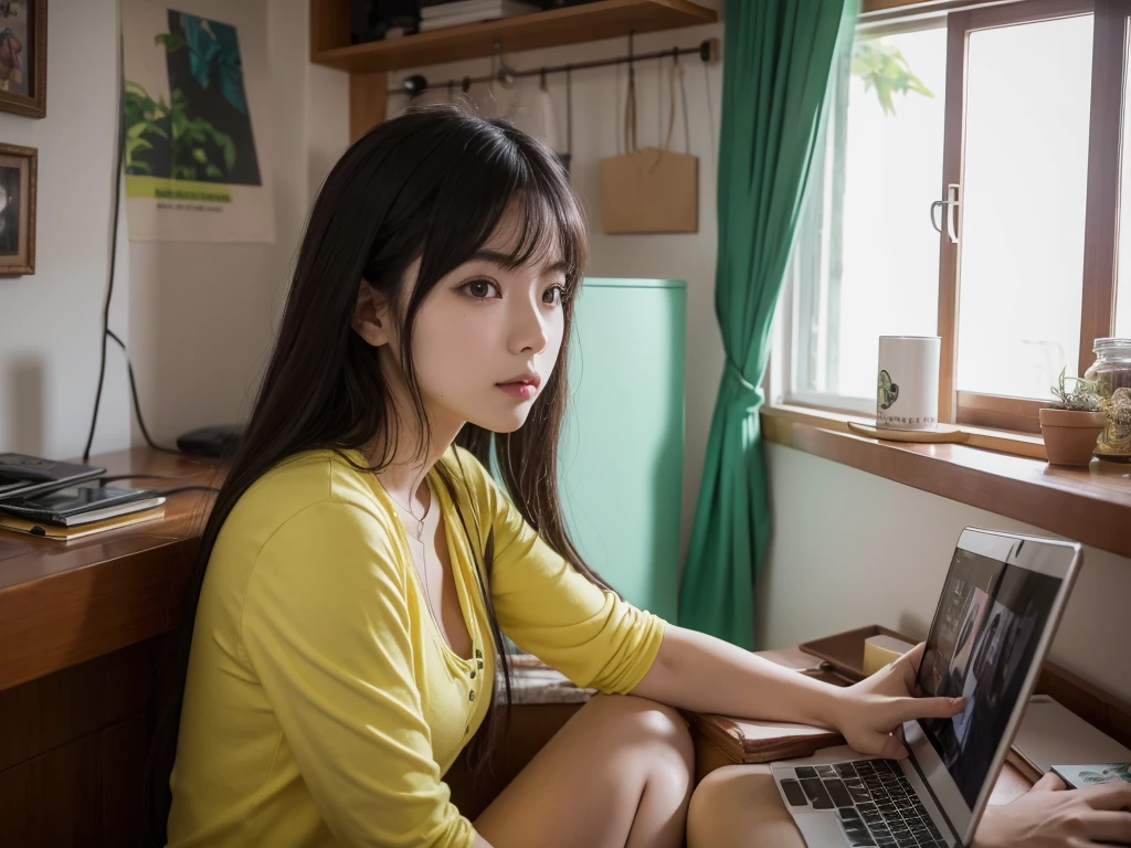 Garota de 25 anos, hacker chinesa, em seu quarto aconchegante, the camera is far from the girl.