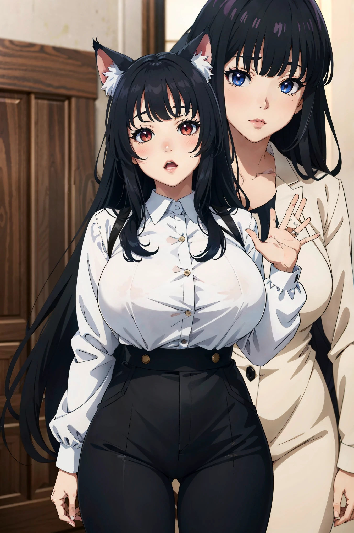 ((maduro adult tall woman, maduro_rostro)), (ojos rojos brillantes), orejas de gato , (Super narrow waist), gradient (cabello negro), Pechos grandes, areolas grandes, (piel grasosa) ,
Mujer de anime con orejas de gato y una falda posando para una foto, Rikati Fanart, estilo anime ecchi, Holo es una gatita, maduro cute anime catgirl, anime moe art style, ecchi, anime maduro waifu, muslos gruesos, Falda plisada, muslos apretados, liguero, Mini camisa corta, rodillas juntas, Rubor, ((shy)), hands behind, encorvado