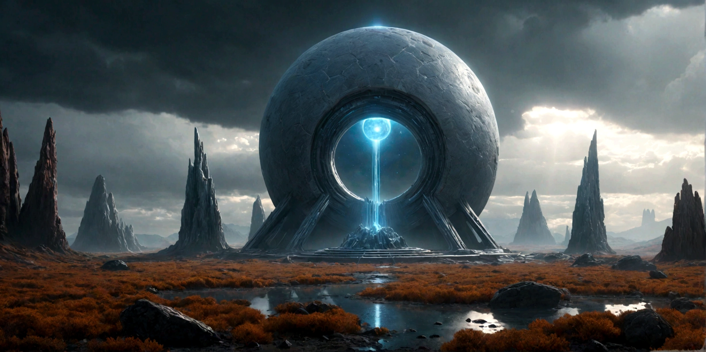 (EN UN VALLE PROFUNDO ROCOSO) ((A TWO-DIMENSIONAL ANTI MATTER PORTAL STILL ACTIVE MINIMALIST OF AN ALIEN TEMPLE), SUPER HIGH DEFINITION IMAGE WITH HYPER REALISM , very cold, PLANETA SECO Y CONGELADO, hyper realistic in 4K, cinematic lighting. little vegetation on alien planet other than Earth, cloudy stormy and cold weather, el sol se oculta