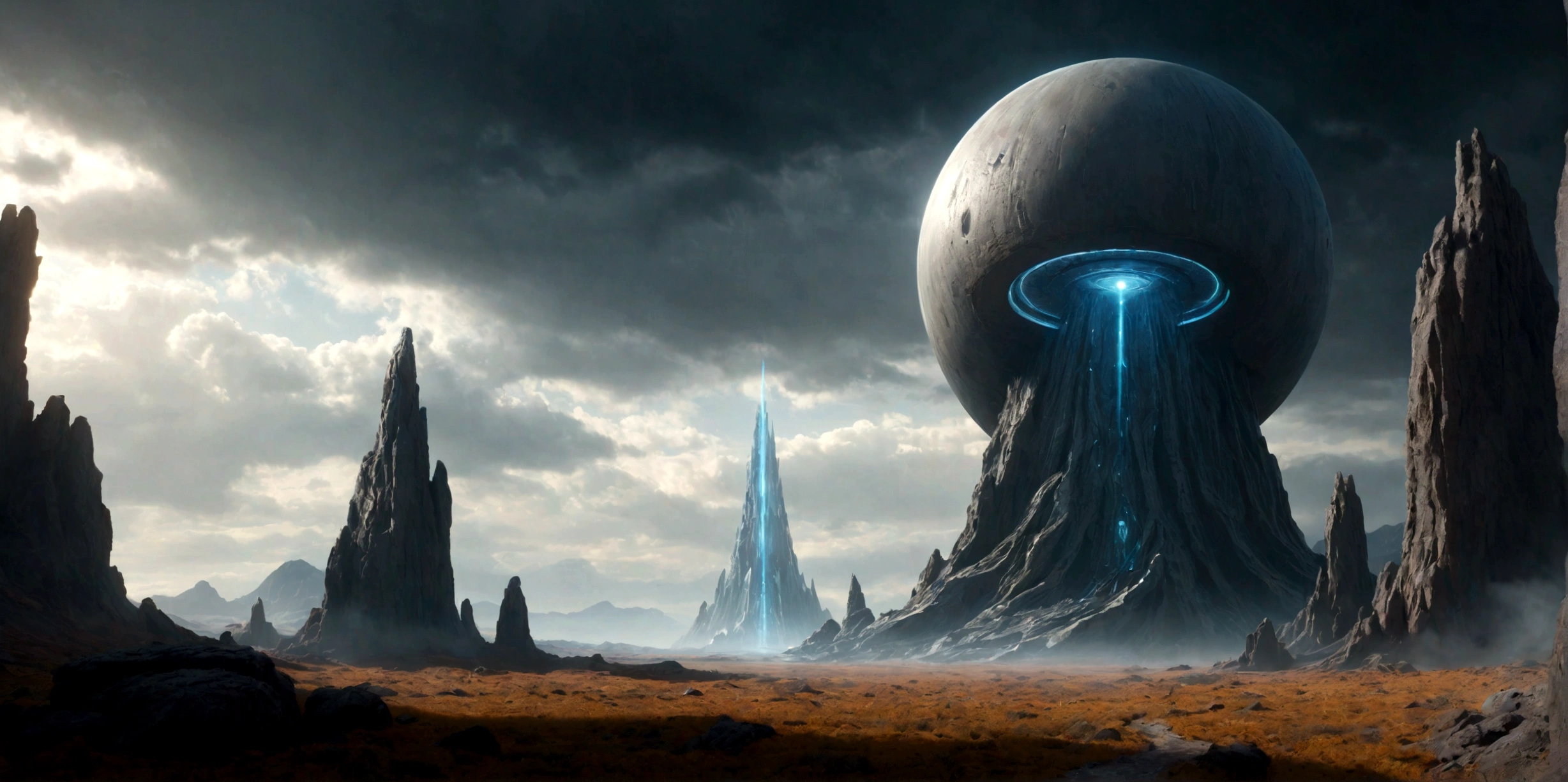 (EN UN VALLE PROFUNDO ROCOSO) ((A TWO-DIMENSIONAL ANTI MATTER PORTAL STILL ACTIVE MINIMALIST OF AN ALIEN TEMPLE), SUPER HIGH DEFINITION IMAGE WITH HYPER REALISM , very cold, PLANETA SECO Y CONGELADO, hyper realistic in 4K, cinematic lighting. little vegetation on alien planet other than Earth, cloudy stormy and cold weather, el sol se oculta