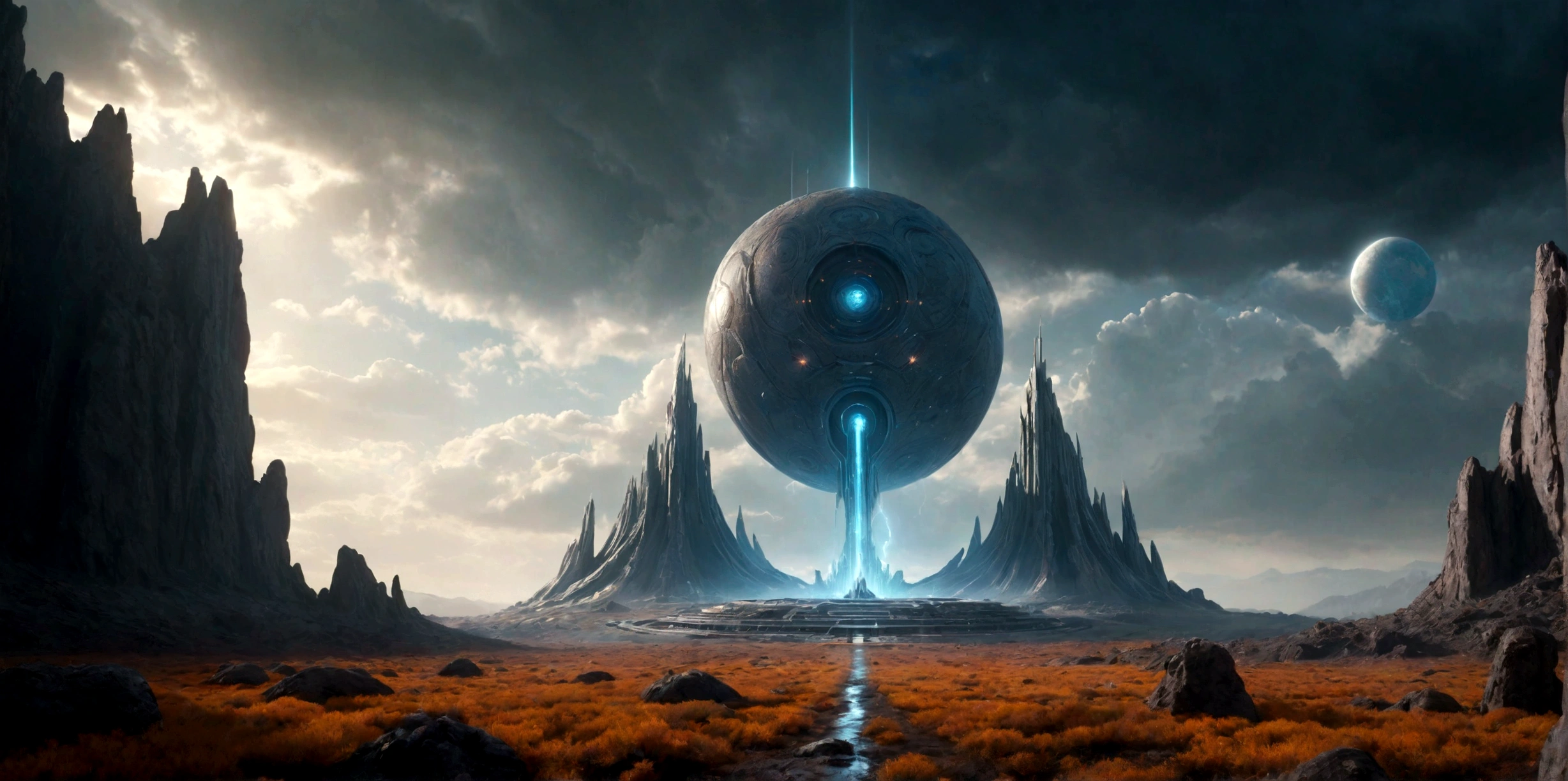 (EN UN VALLE PROFUNDO ROCOSO) ((A TWO-DIMENSIONAL ANTI MATTER PORTAL STILL ACTIVE MINIMALIST OF AN ALIEN TEMPLE), SUPER HIGH DEFINITION IMAGE WITH HYPER REALISM , very cold, PLANETA SECO Y CONGELADO, hyper realistic in 4K, cinematic lighting. little vegetation on alien planet other than Earth, cloudy stormy and cold weather, el sol se oculta