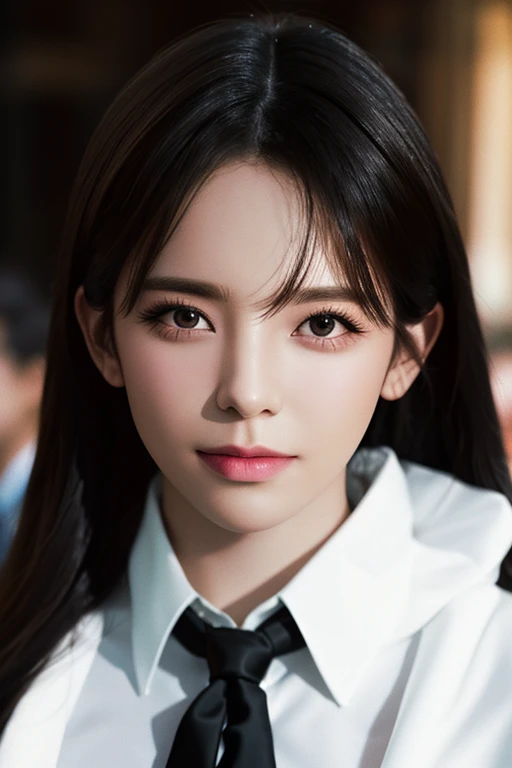 best quality, masterpiece, 1girl, Beautiful face, (photo realistic:1.3), rim lighting, (high detailed skin:1.2), 8k uhd, dslr, high quality, high resolution, 4k, 8k, Bokeh, absurdres, best ratio four finger and one thumb, (realistic:1.3), cute 1girl, wearing black formal blazer, medium breasts, short skirt,