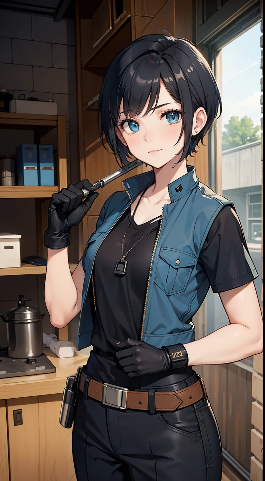 (high-quality, breathtaking),(expressive eyes, perfect face) Symmetrical Eyes, portrait, Star Wars Universe, 1girl, female, adult, mechanic, punk black blue jacket, black shirt, short sleeved, gloves, pants, belt, wrench, crystals, messy hair, black hair color, brown eye color, short hair length, stylized hairstyle, pixie haircut, tall, technician outfit, engineer, sci fi workshop background, work bench, tools, mature, narrow eyes, dog tag necklaces, soft smile, age 25
