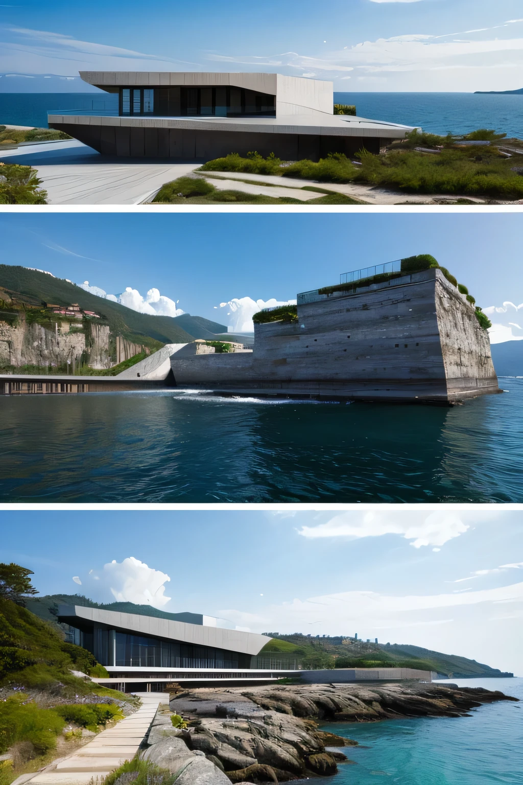 high resolution、A large art museum built on rocks by the sea、Herzog＆Demeuron。